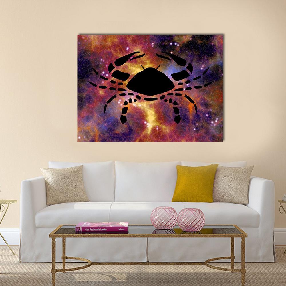 Cancer Zodiac Crab Canvas Wall Art in black, orange and purple, single panel hung on a wall