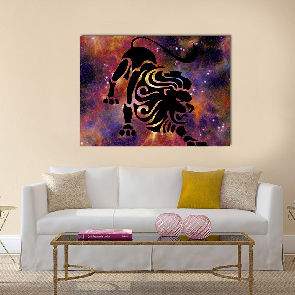 Leo Zodiac Lion in Purple Nebula Canvas Wall Art in black, orange and purple, single panel hung on a wall