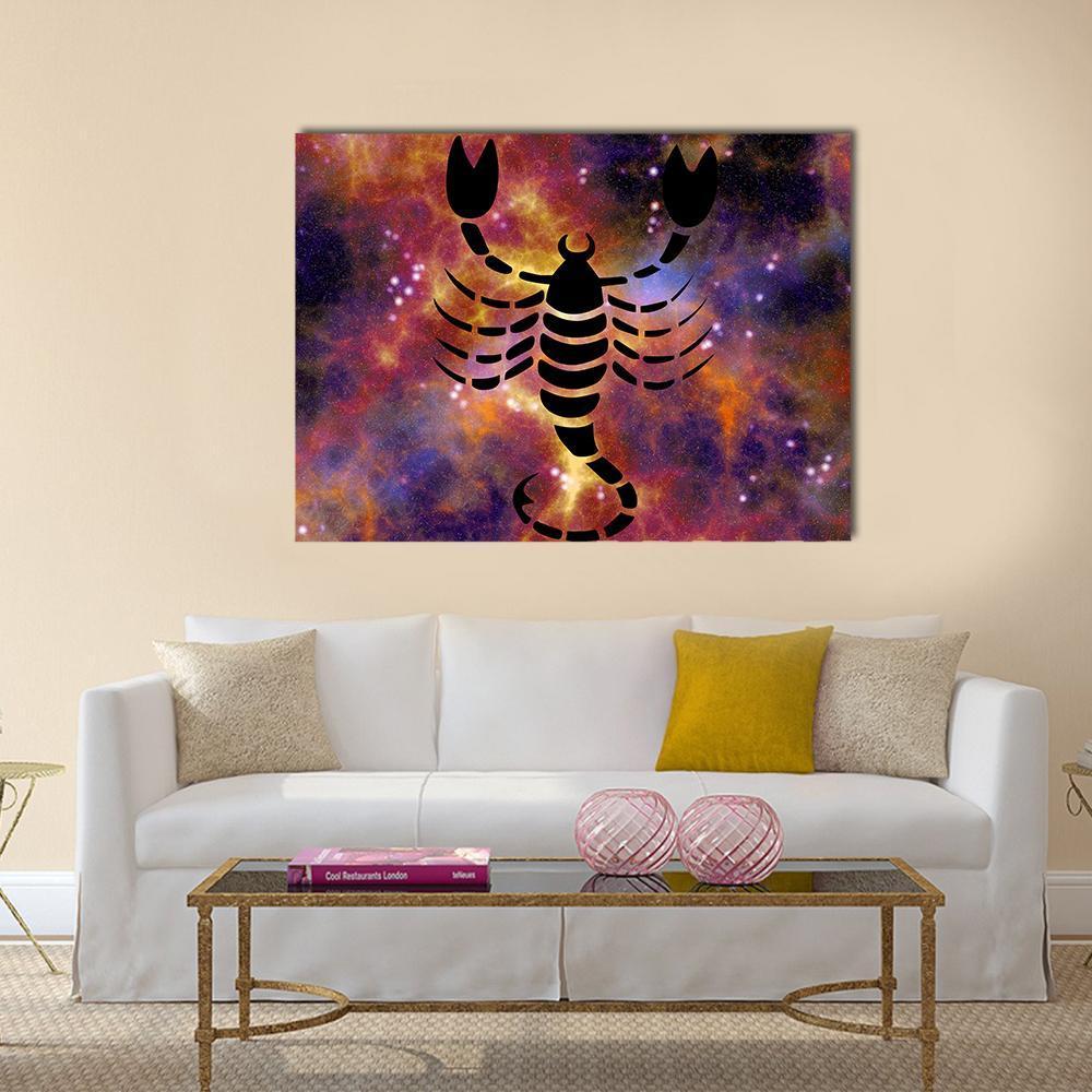 Scorpion Zodiac Nebula Canvas Wall Art in black, orange and purple, single panel hung on a wall