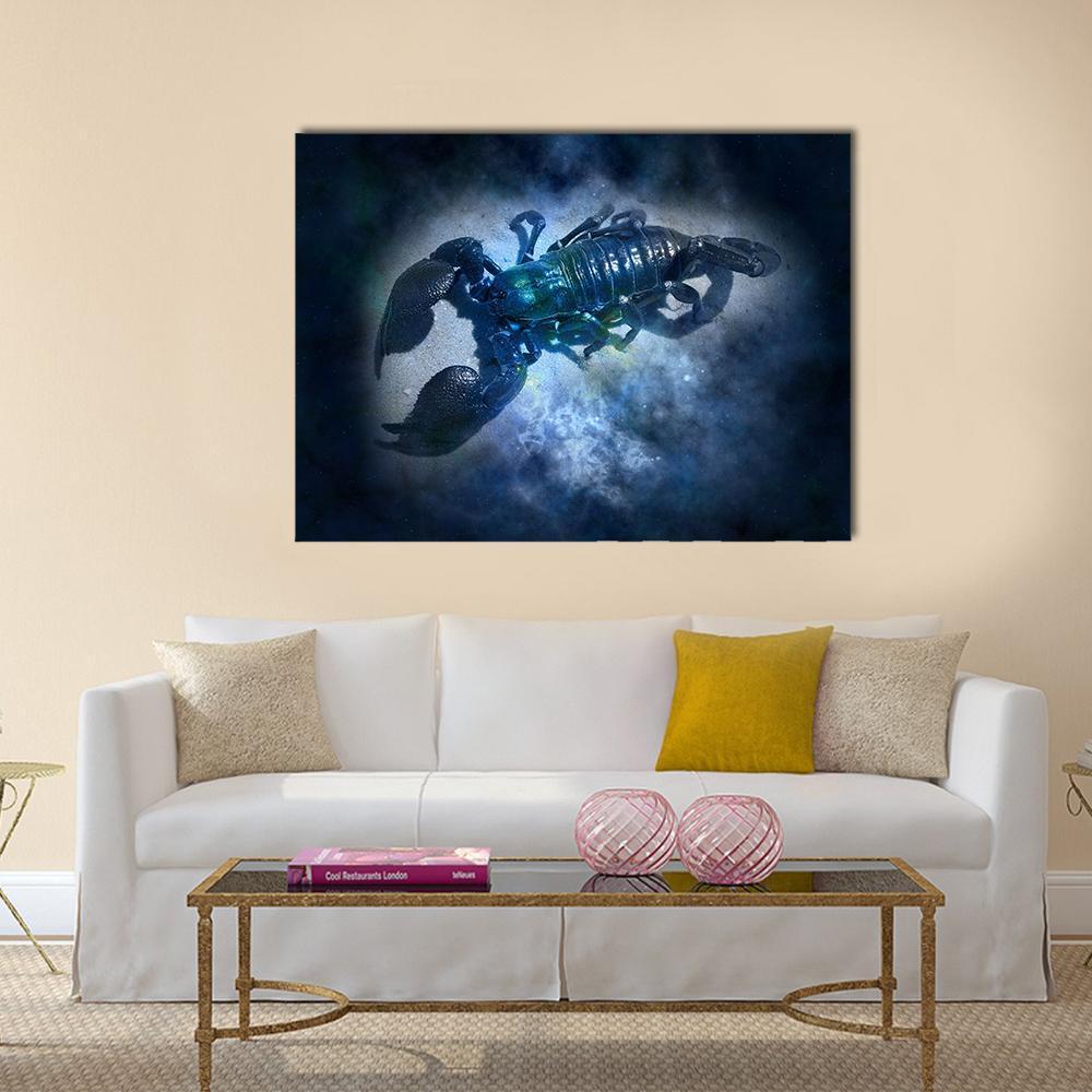 Scorpio Scorpion in Cosmic Nebula Canvas Wall Art in black, blue and navy, single panel hung on a wall