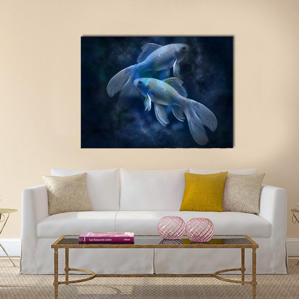 Pisces Zodiac Two Iridescent Fish Canvas Wall Art in black and blue, single panel hung on a wall