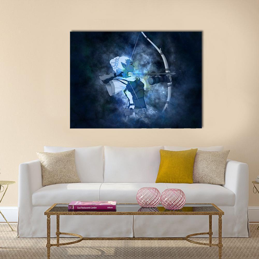 Sagittarius Archer in Cosmic Nebula Canvas Wall Art in black, blue and navy, single panel hung on a wall