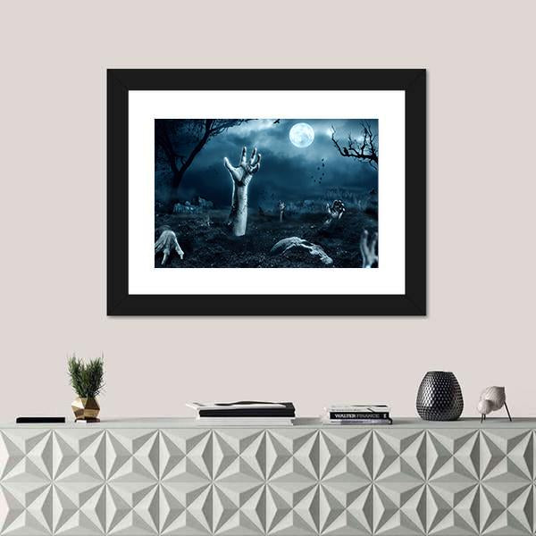 Zombie Hand Out Of His Grave Canvas Wall Art-1 Piece-Framed Print-20" x 16"-Tiaracle
