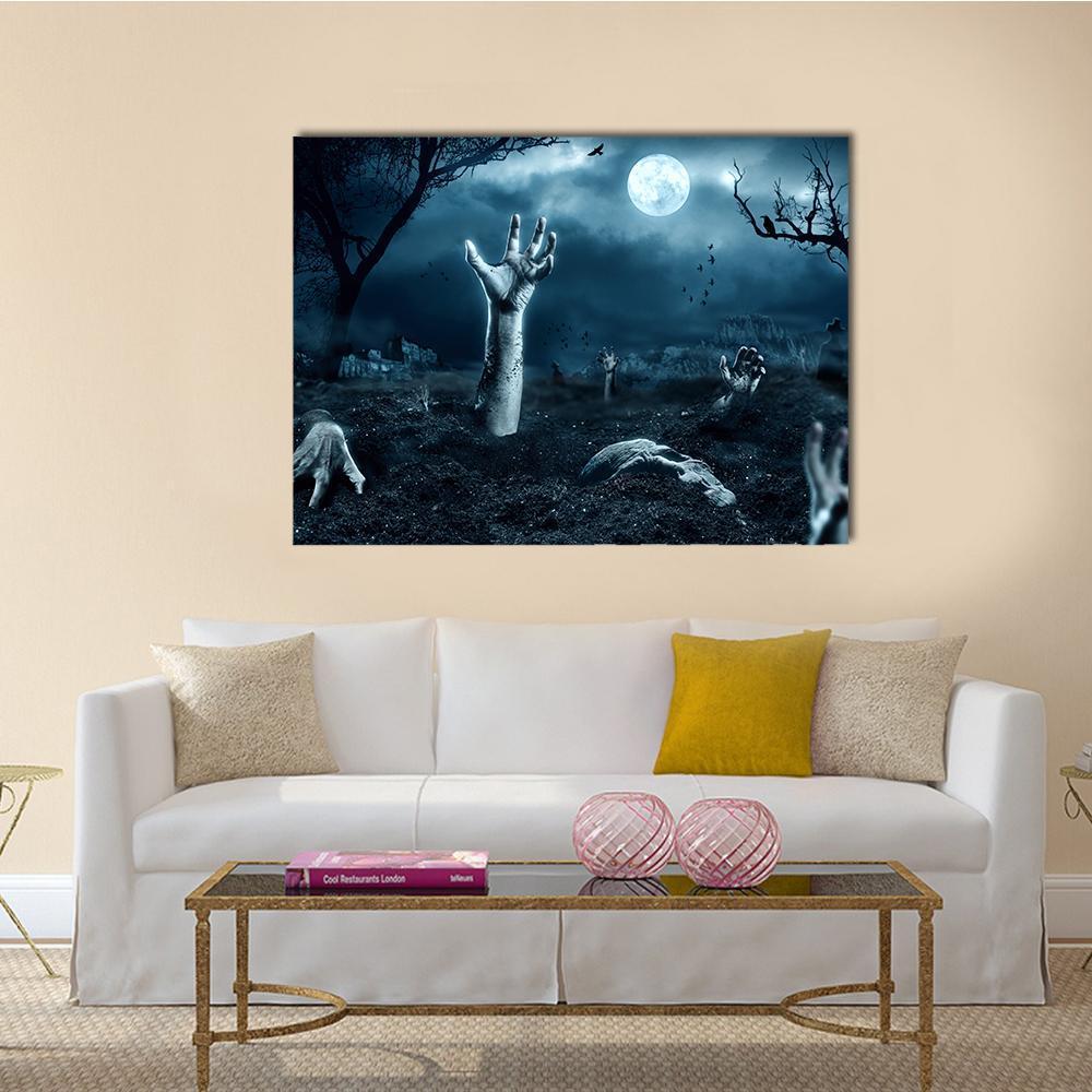Zombie Hands Rising from Graveyard Canvas Wall Art in black, gray and blue, single panel hung on a wall