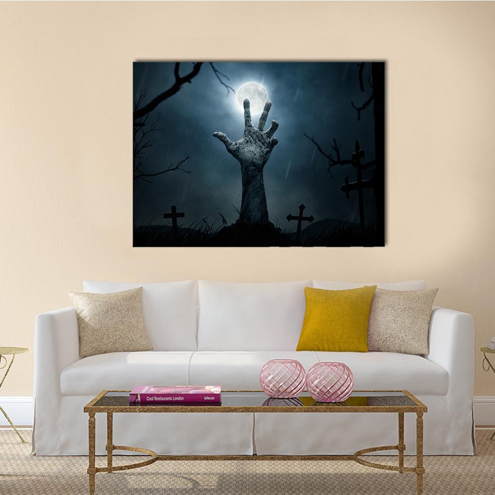 Zombie Hand Rising Canvas Wall Art in black, gray and blue, single panel hung on a wall