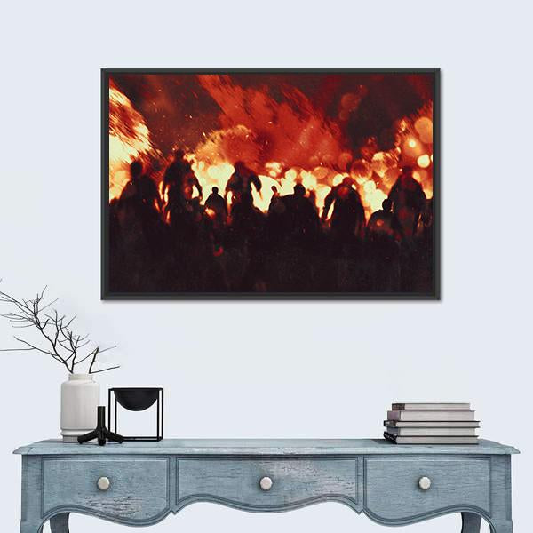 Zombie Walking In Fire Flames Canvas Wall Art-1 Piece-Floating Frame-24" x 16"-Tiaracle