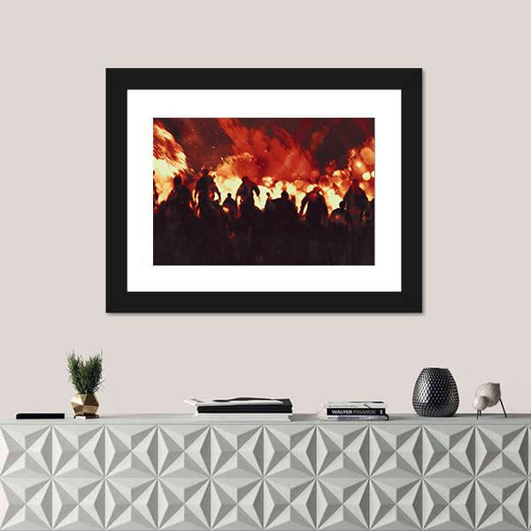 Zombie Walking In Fire Flames Canvas Wall Art-1 Piece-Framed Print-20" x 16"-Tiaracle