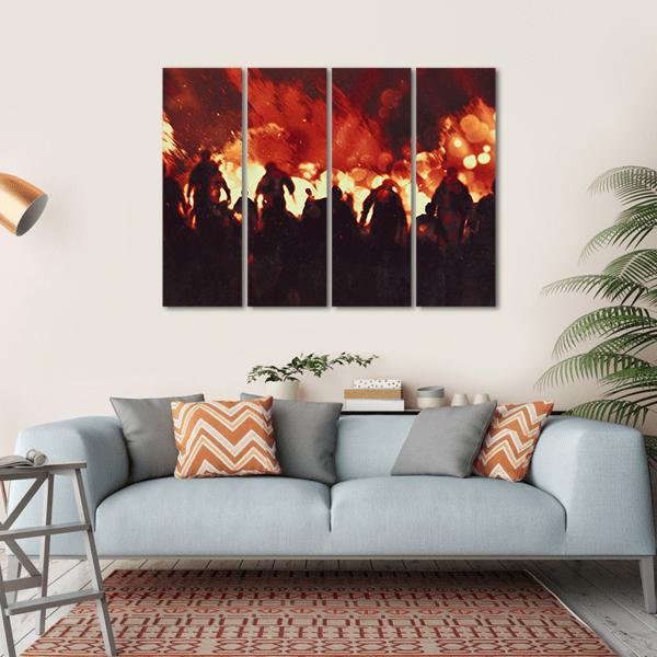 Zombie Walking In Fire Flames Canvas Wall Art-4 Horizontal-Gallery Wrap-34" x 24"-Tiaracle