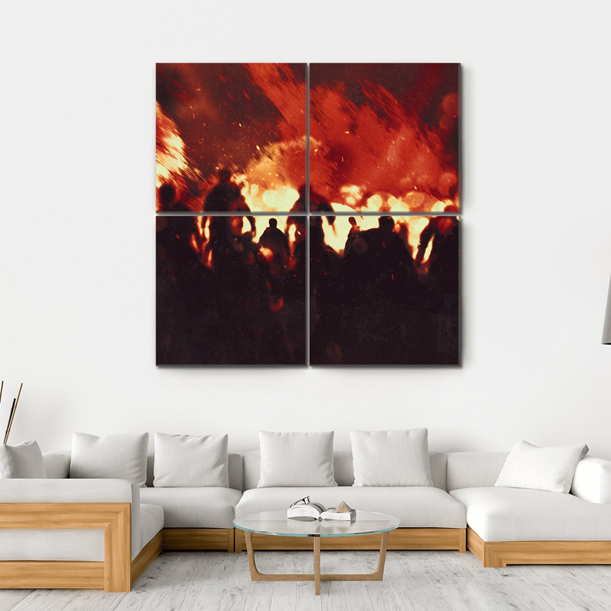 Zombie Walking In Fire Flames Canvas Wall Art-4 Square-Gallery Wrap-17" x 17"-Tiaracle