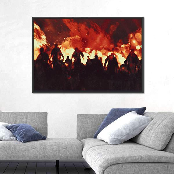 Zombie Walking In Fire Flames Canvas Wall Art-3 Horizontal-Gallery Wrap-25" x 16"-Tiaracle