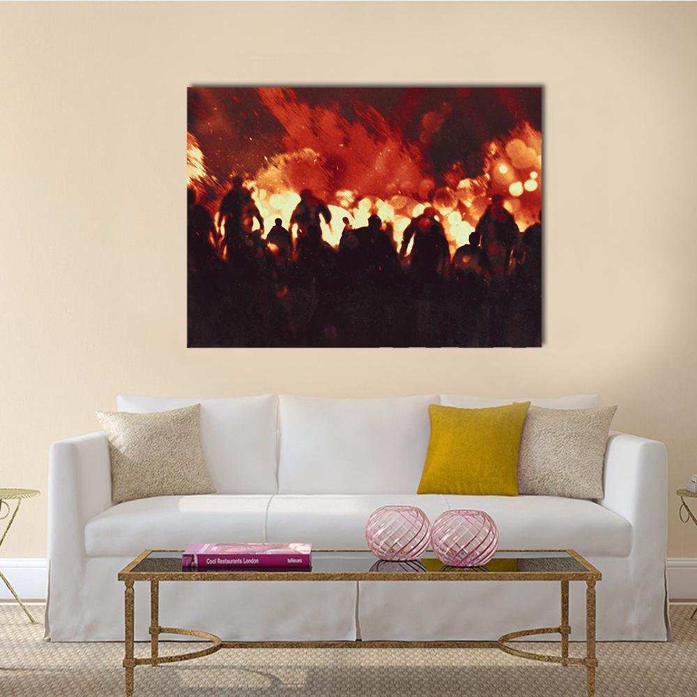 Zombie Walking In Fire Flames Canvas Wall Art-1 Piece-Gallery Wrap-48" x 32"-Tiaracle