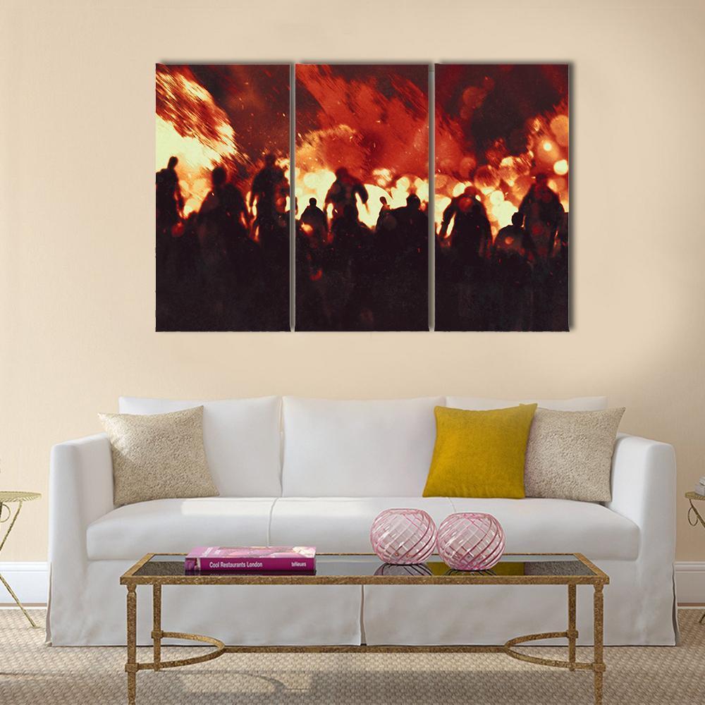 Zombie Walking In Fire Flames Canvas Wall Art-3 Horizontal-Gallery Wrap-37" x 24"-Tiaracle