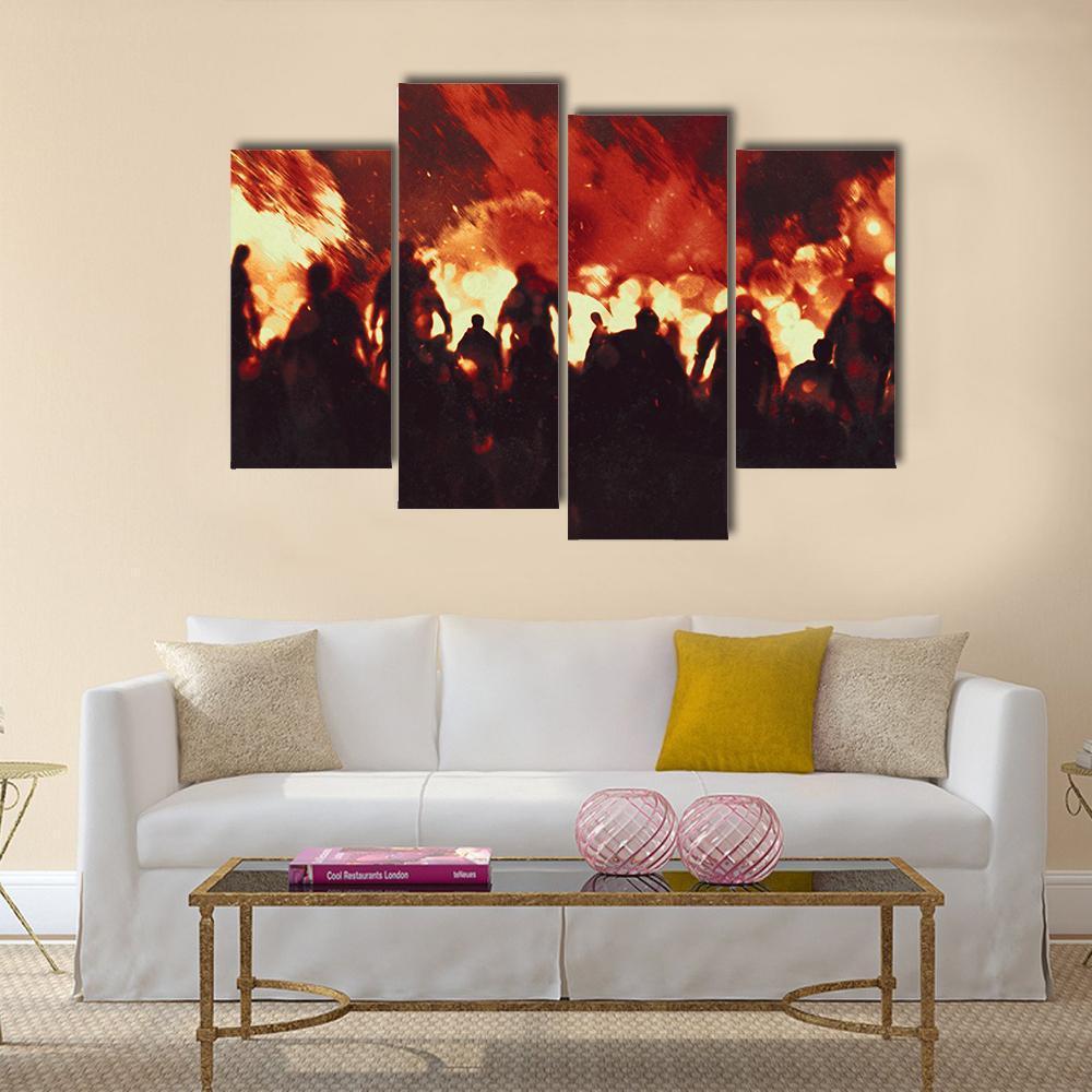 Zombie Walking In Fire Flames Canvas Wall Art-4 Pop-Gallery Wrap-50" x 32"-Tiaracle
