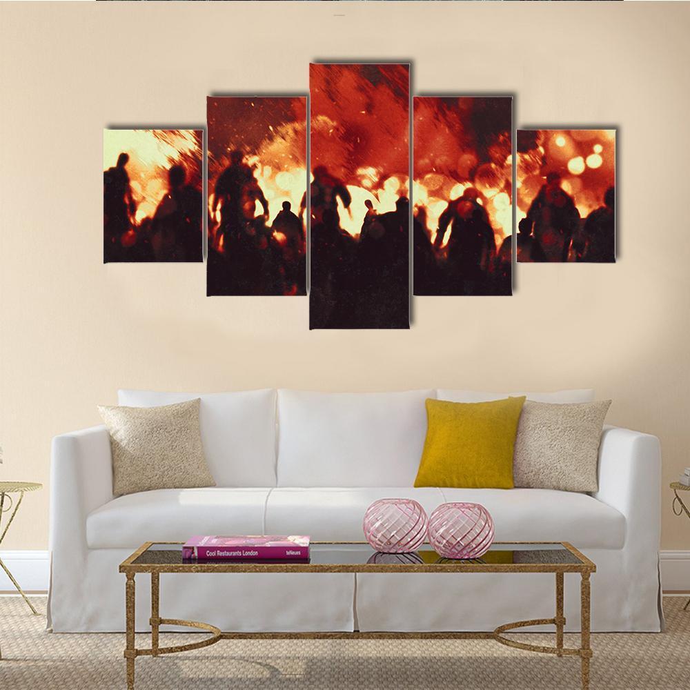 Zombie Walking In Fire Flames Canvas Wall Art-5 Star-Gallery Wrap-62" x 32"-Tiaracle