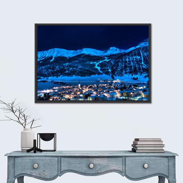 Zuoz Engadin Switzerland Near St Moritz In A Winter Night Canvas Wall Art-1 Piece-Floating Frame-24" x 16"-Tiaracle