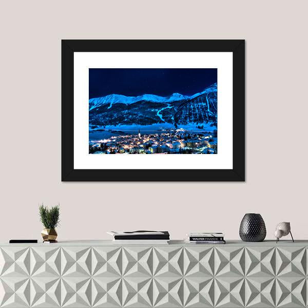 Zuoz Engadin Switzerland Near St Moritz In A Winter Night Canvas Wall Art-1 Piece-Framed Print-20" x 16"-Tiaracle