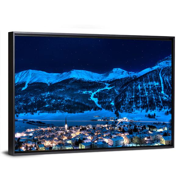 Zuoz Engadin Switzerland Near St Moritz In A Winter Night Canvas Wall Art-3 Horizontal-Gallery Wrap-25" x 16"-Tiaracle