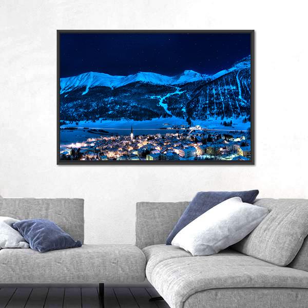Zuoz Engadin Switzerland Near St Moritz In A Winter Night Canvas Wall Art-3 Horizontal-Gallery Wrap-25" x 16"-Tiaracle
