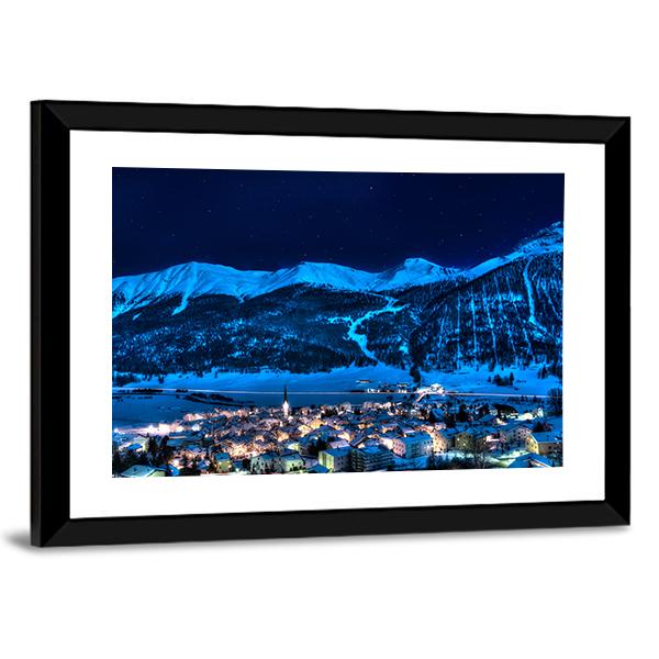 Zuoz Engadin Switzerland Near St Moritz In A Winter Night Canvas Wall Art-3 Horizontal-Gallery Wrap-25" x 16"-Tiaracle