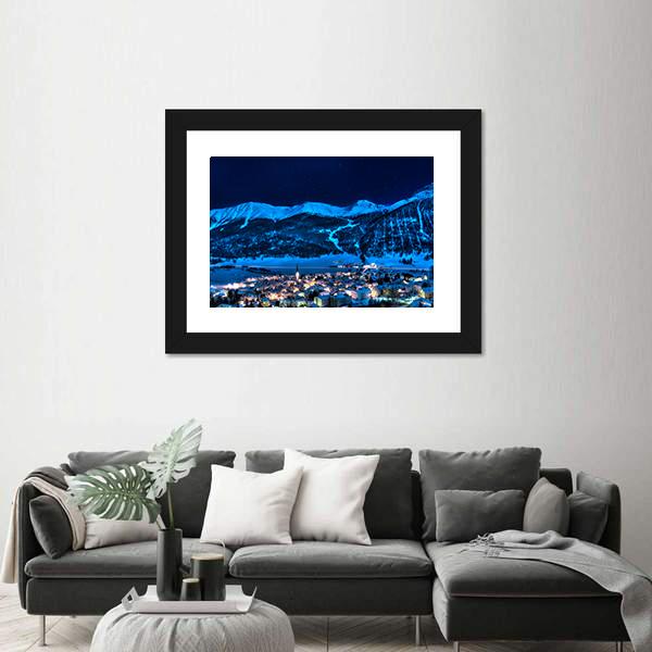 Zuoz Engadin Switzerland Near St Moritz In A Winter Night Canvas Wall Art-3 Horizontal-Gallery Wrap-25" x 16"-Tiaracle