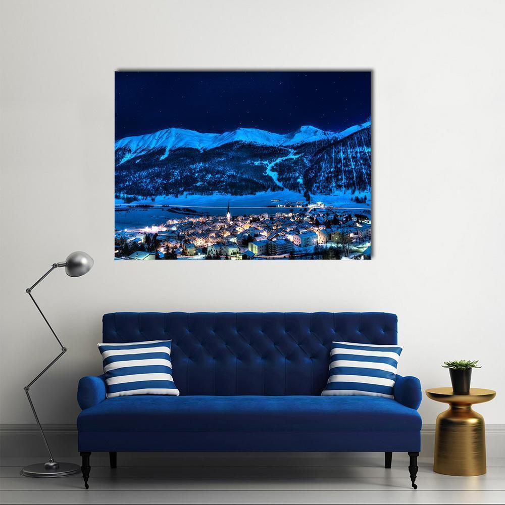 Zuoz Engadin Switzerland Near St Moritz In A Winter Night Canvas Wall Art-4 Horizontal-Gallery Wrap-34" x 24"-Tiaracle