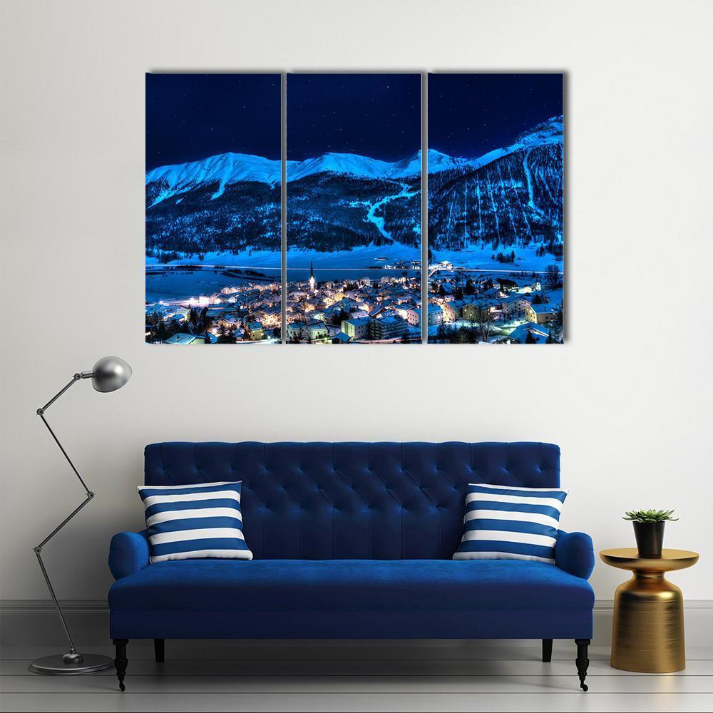Zuoz Engadin Switzerland Near St Moritz In A Winter Night Canvas Wall Art-3 Horizontal-Gallery Wrap-37" x 24"-Tiaracle