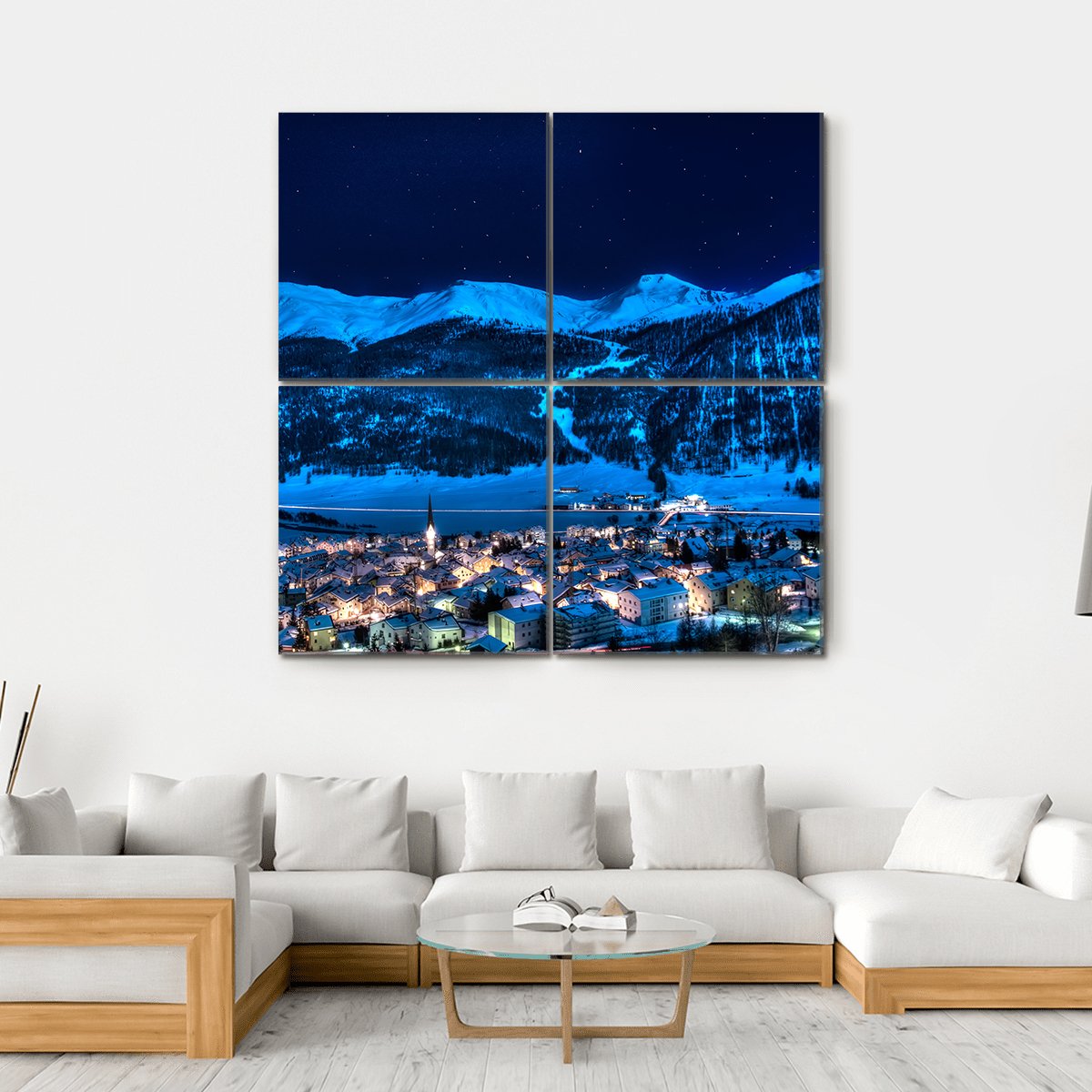 Zuoz Engadin Switzerland Near St Moritz In A Winter Night Canvas Wall Art-4 Square-Gallery Wrap-17" x 17"-Tiaracle