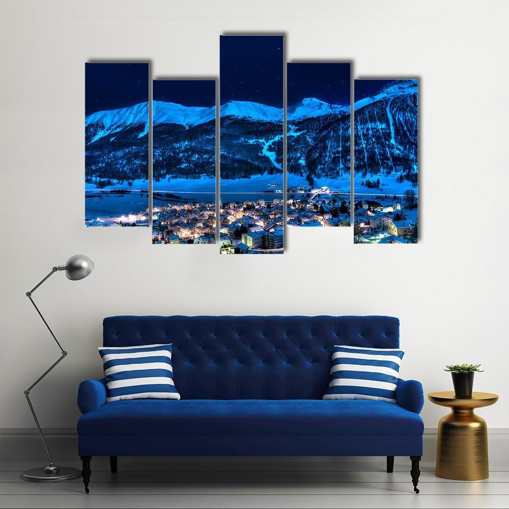 Zuoz Engadin Switzerland Near St Moritz In A Winter Night Canvas Wall Art-5 Pop-Gallery Wrap-47" x 32"-Tiaracle