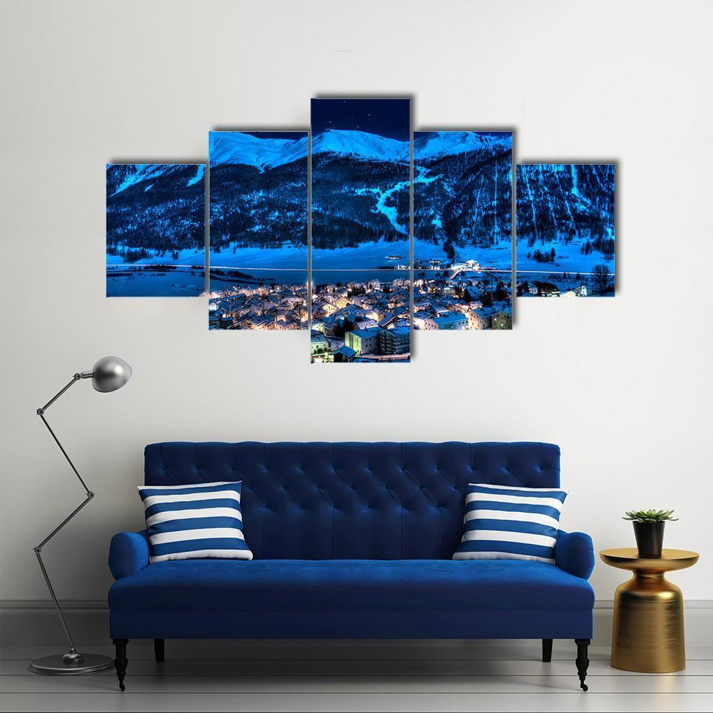 Zuoz Engadin Switzerland Near St Moritz In A Winter Night Canvas Wall Art-5 Star-Gallery Wrap-62" x 32"-Tiaracle