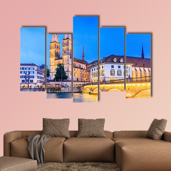Zurich View In Switzerland Canvas Wall Art-5 Pop-Gallery Wrap-47" x 32"-Tiaracle
