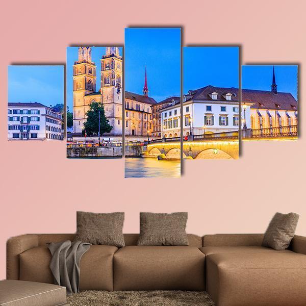 Zurich View In Switzerland Canvas Wall Art-5 Star-Gallery Wrap-62" x 32"-Tiaracle