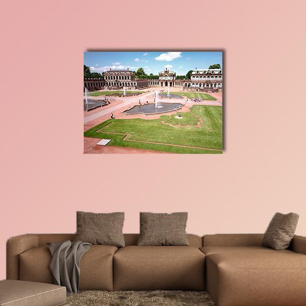 Zwinger Castle Dresden Canvas Wall Art in brown, green and blue, single panel hung on a wall