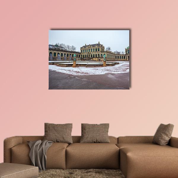 Zwinger Palace Dresden Winter Courtyard Canvas Wall Art in white, gray and brown, single panel hung on a wall