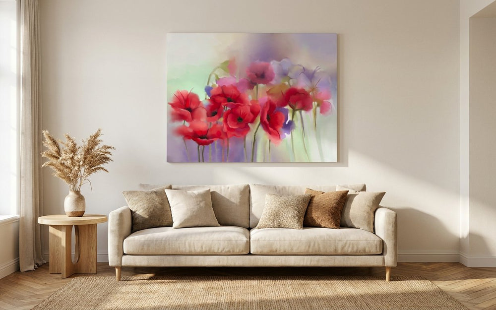 Watercolor red poppy flowers painting canvas above a sofa in a warm living room