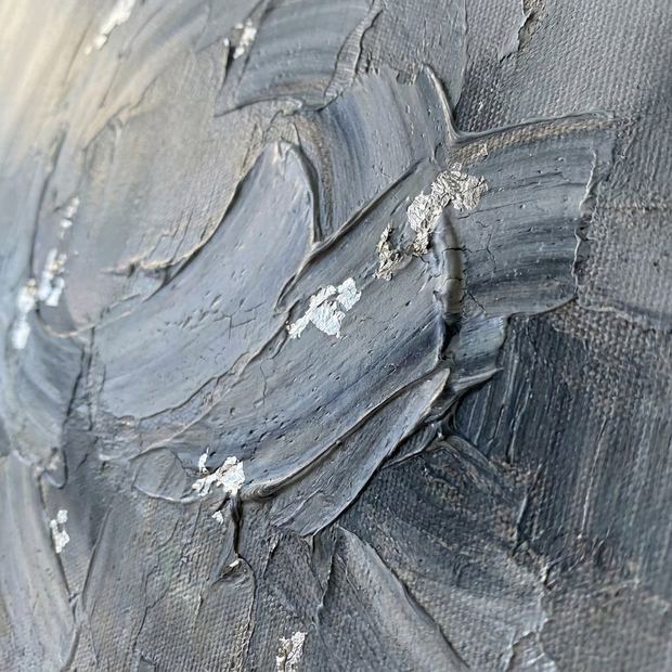Gray canvas wall art, close up of the painted surface