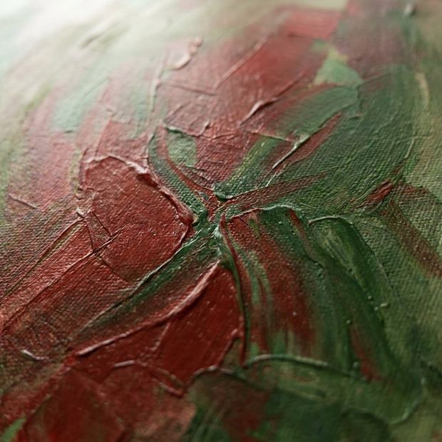 Red and Green canvas artwork, two colors meeting on the painted surface