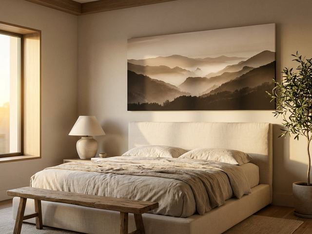 Bedroom with wall art above the furniture