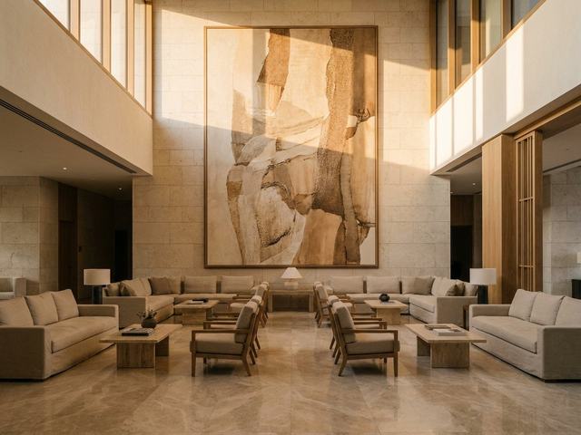 Lobby with wall art above the furniture