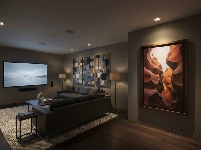Man Cave with wall art above the furniture