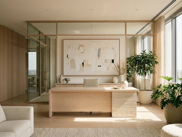 Office with wall art above the furniture
