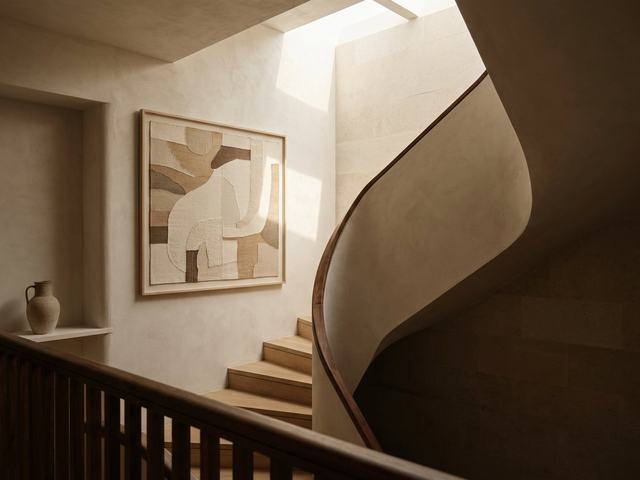 Stairwell and Stairs with wall art above the furniture