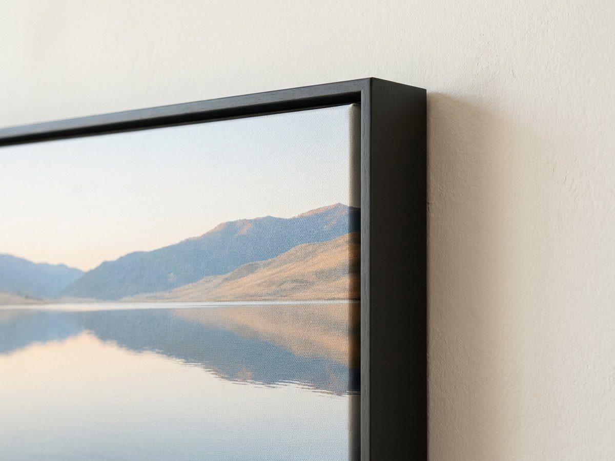 The corner of a framed canvas, with the shadow gap inside the floater frame