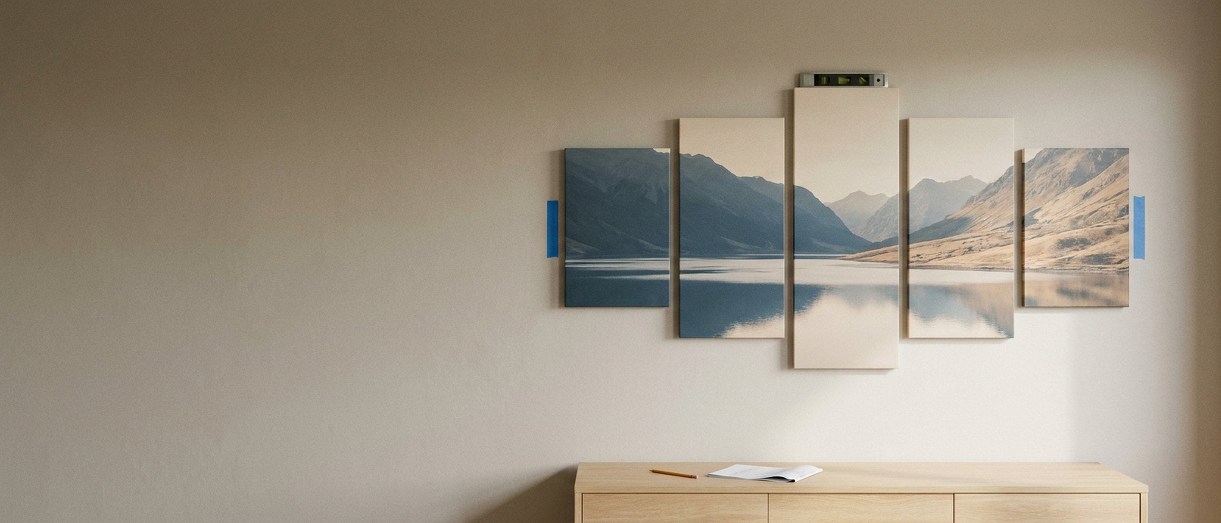 A five panel canvas set on a warm wall with a spirit level on the center panel and painter's tape marks