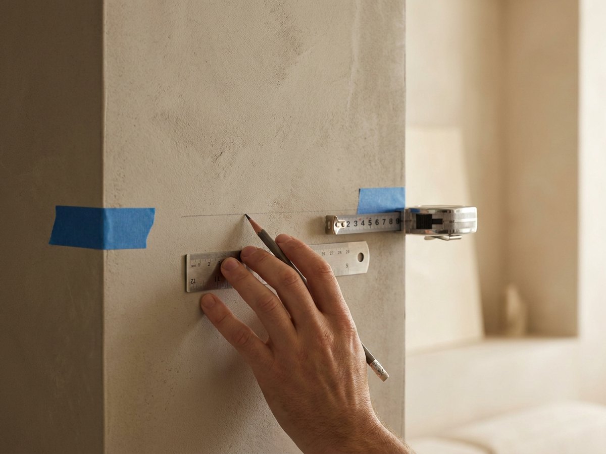 A hand drawing a pencil line along a ruler on a wall, with painter's tape marks